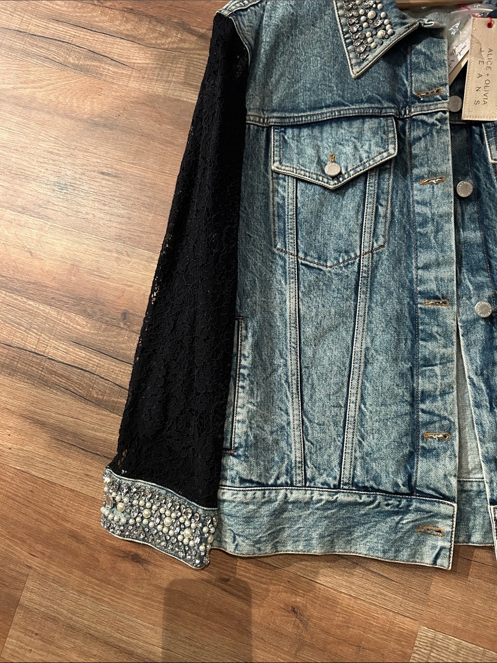 Alice + Olivia Blue Denim Jacket with Black Lace Sleeves and Crystal Trim - Picture 3 of 5